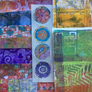 Mixed Media Collage Paper Kits Round Stickers Decorated Papers Hand Painted Papers Gelli Prints