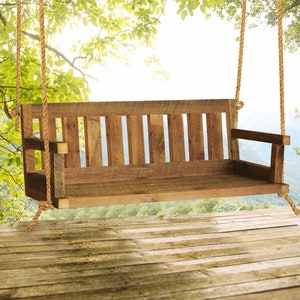 Porch Swing With Mission Style Back - Slats - Reclaimed Wood - Outdoor Furniture