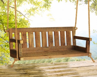 Porch Swing With Mission Style Back - Slats - Reclaimed Wood - Outdoor Furniture