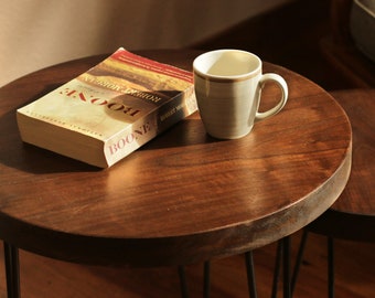 Round Walnut Accent Table with Hairpin Legs