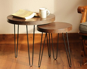 Round Stackable Walnut Accent Table with Hairpin Legs