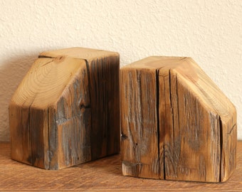 Bookends made from Reclaimed Wood Beams, Hand Hewn Beams, Bookshelf Organization, Book Stop