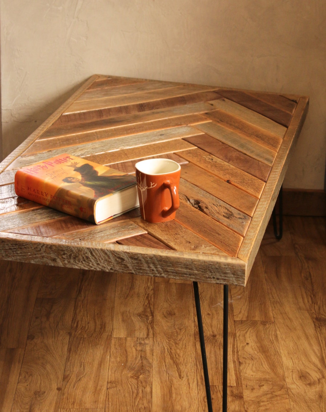 Barn Wood Coffee Table – Herringbone Table – Hairpin Legs
