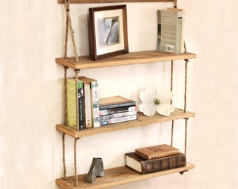 Hanging shelf –  Reclaimed wood shelves – Hanging barn wood bookshelf – Suspended shelf unit – Wall mounted organization