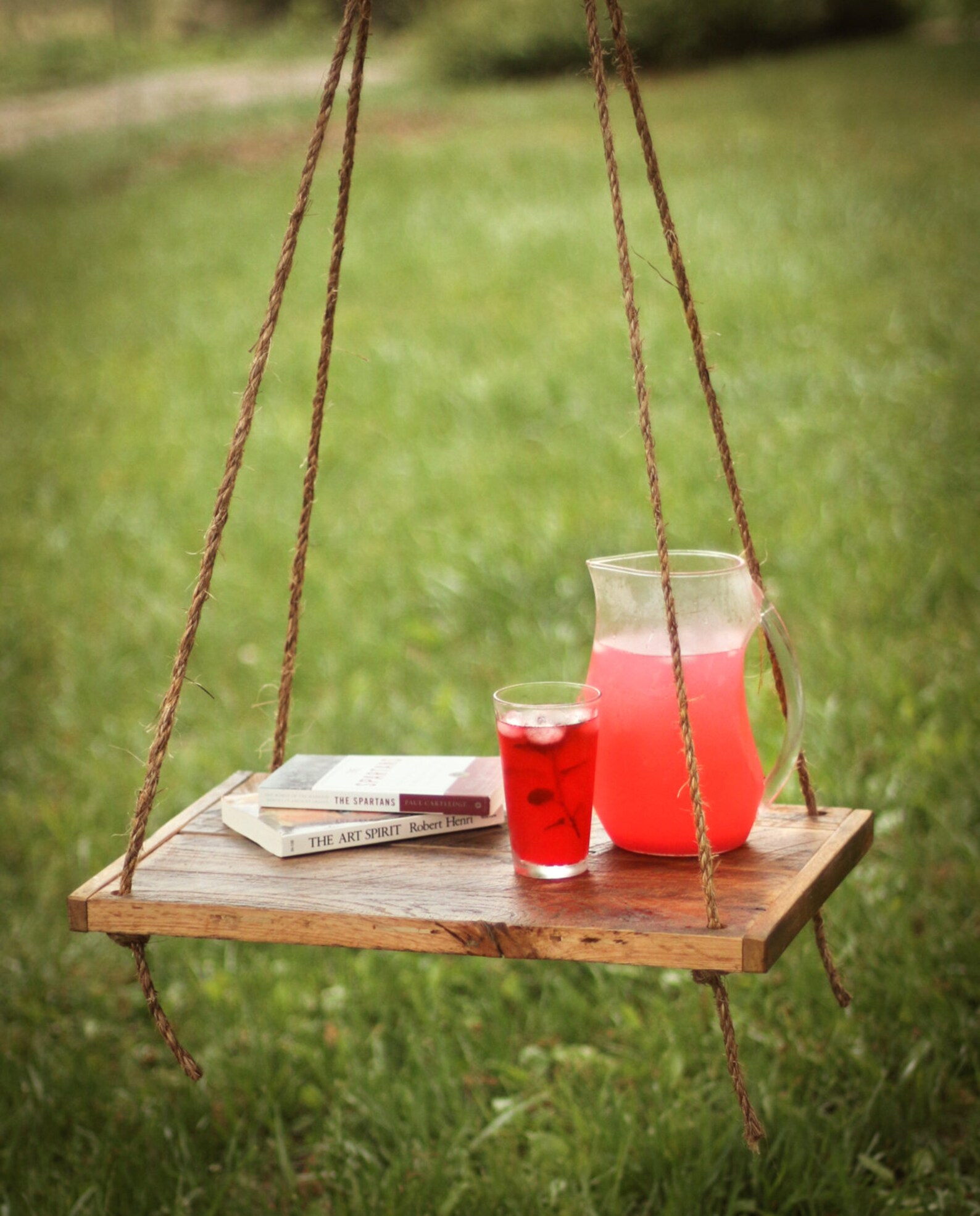Hammock Table Outdoor Hanging Table Rope Hung End Table Backyard Patio Reclaimed Barn Wood