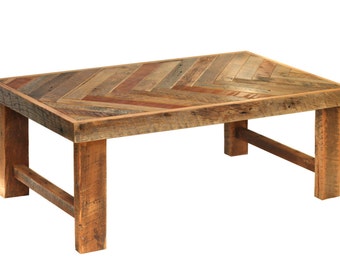 Herringbone coffee table WOOD LEGS– Reclaimed wood coffee table – Chevron pattern - Barn wood living room décor – Custom size furniture