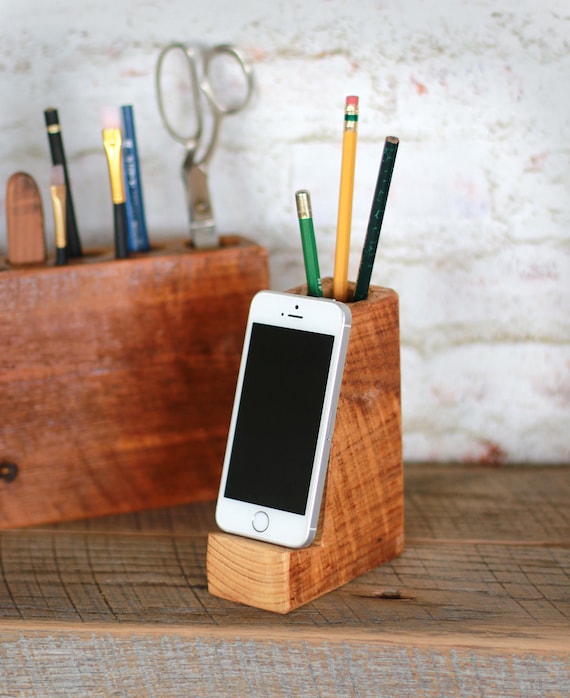 Wood Desktop Organizer Smartphone Tablet Pen Holder Stationery