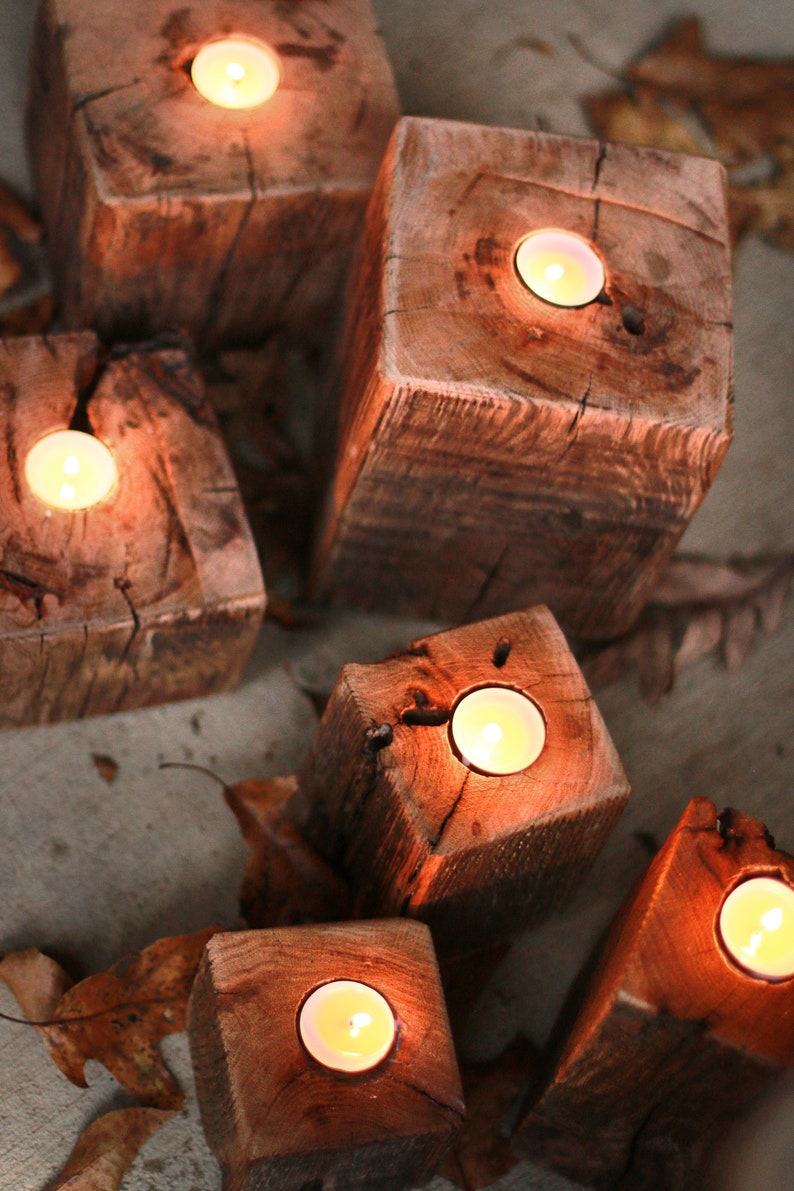 Reclaimed Wood Candle Holder Blocks Tea Light Centerpiece Etsy