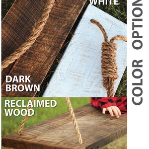 May include: Wooden swing options in dark brown, white, and reclaimed wood. The image shows close-ups of the wood textures and rope details. The text "COLOR OPTIONS" is displayed vertically on the right side of the image.