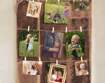 Clothespin Collage Board – Reclaimed wood photo holder – Rustic picture string – 4x6 – 5x7 – Barn wood photo collage – Country décor