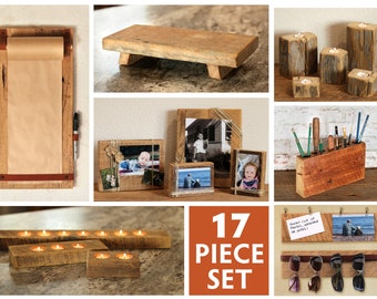 17 Piece Decor Sets: 1 Kraft Note Board, 8 Candle Holders, 1 Riser, 4 Picture Frames, 1 Pencil Holder, Sunglass and Note Holder