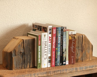 Bookends made from Reclaimed Wood Beams, Hand Hewn Beams, Bookshelf Organization, Book Stop