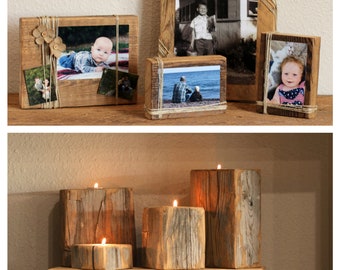 Reclaimed Wood Decor Sets: 5 Candle Holders, 1 Riser, 4 Picture Frames