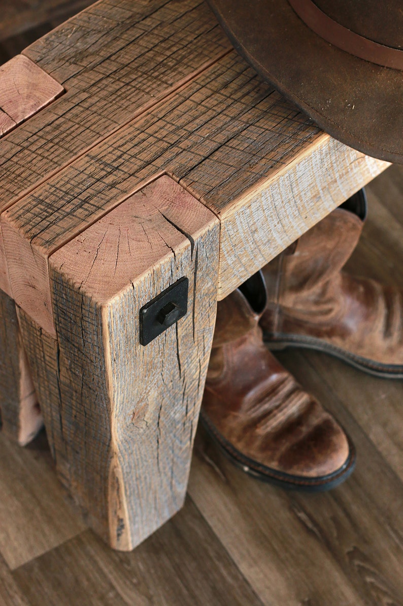 outdoor bench with shoe storage on The Chunk Bench Wood Bench Industrial Reclaimed Wood Wood Etsy