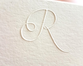 Embossed Script Initial Stationery | White Flat Notecards & White Envelopes Set of 10