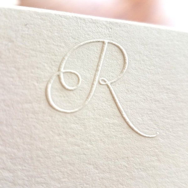 Embossed Script Initial Stationery | White Flat Notecards & White Envelopes Set of 10