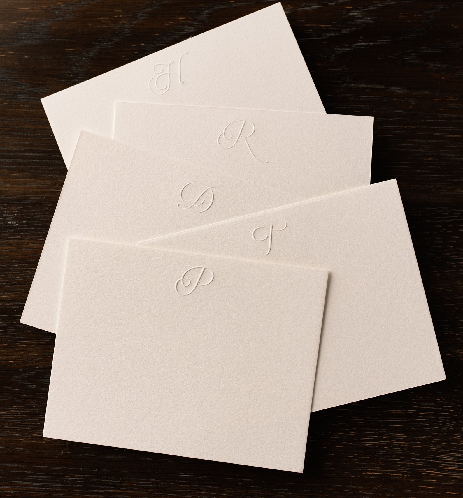 Embossed Script Initial Stationery | White Flat Notecards & White Envelopes Set of 10 - T