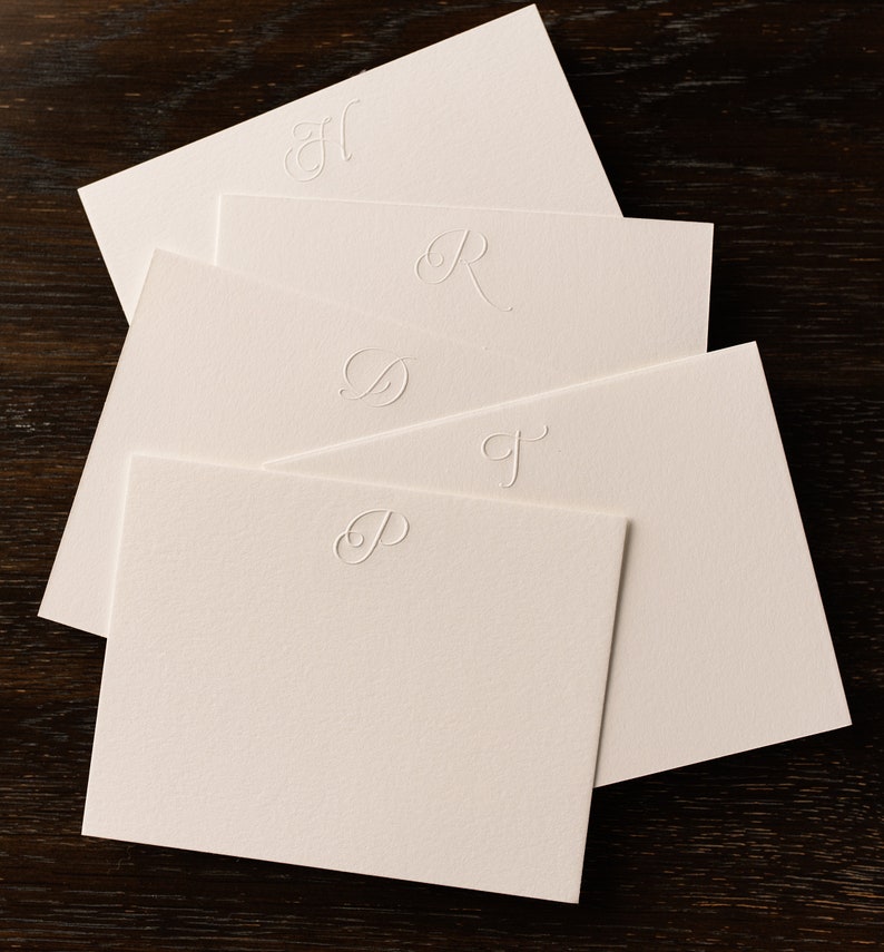 Embossed Script Initial Stationery White Flat Notecards & White Envelopes Set of 10 image 2