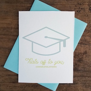 Op de afbeelding: Een witte kaart met een lichtblauwe illustratie van een afstudeerhoed en de tekst "Hats off to you" in geel. De tekst "Congratulations" is in kleinere gele letters onder de hoofdtekst gedrukt.