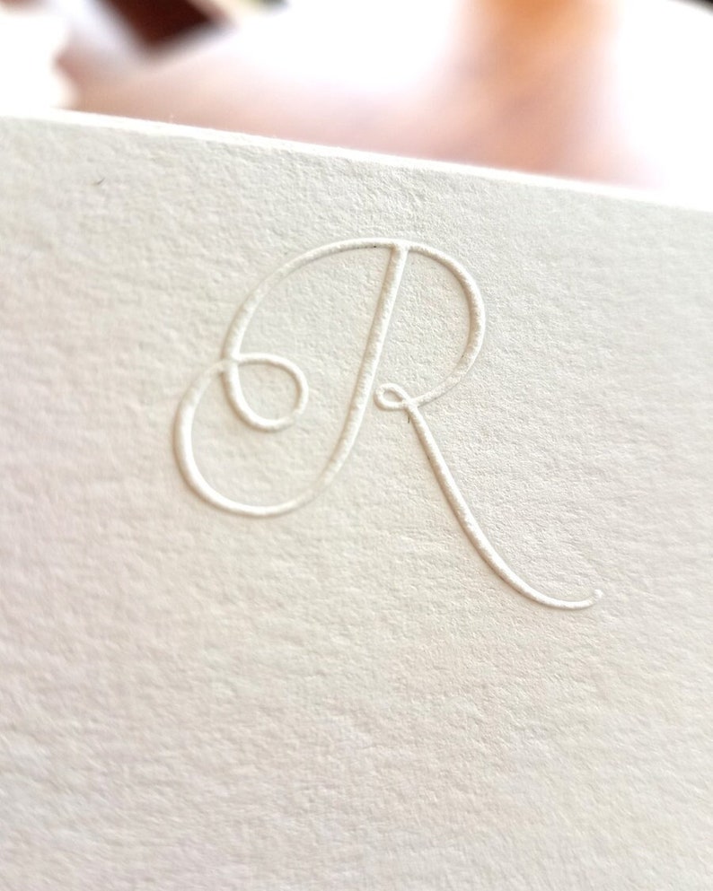 Embossed Script Initial Stationery White Flat Notecards & White Envelopes Set of 10 image 1