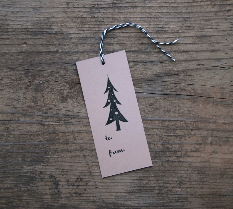 Christmas Tree Letterpress Gift Tags Set of Seven Black & Kraft image 1