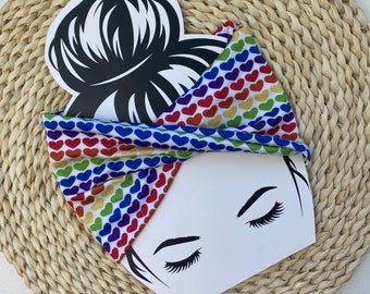 Rainbow Hearts Pride Stretchy Yoga Headwrap Headband Adult