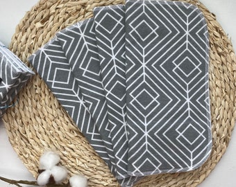 8 Grey Geometric Cloth Napkins, 2 Ply Flannel Multipurpose Wipes, Unpaper Towel