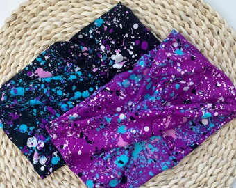 Purple and Teal Paint Splatter Yoga Head Wraps Headband Extra Wide—Black or Magenta Background