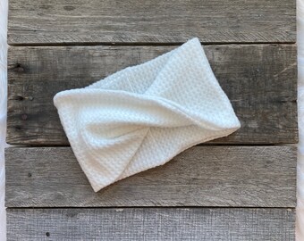 White Waffle Headband - Brushed Waffle Weave White Head Wrap -Ear Warmer