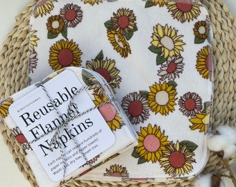 8 Cloth Napkins, Sunset Sunflower Floral, 2 Ply Flannel Multipurpose Wipes, Unpaper Towel