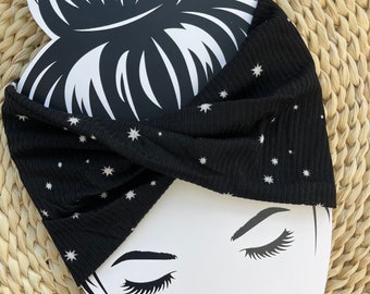 Dainty Star Burst Rib Knit Stretchy Yoga Headwrap Headband Adult Extra Wide, Bright Blue or Black