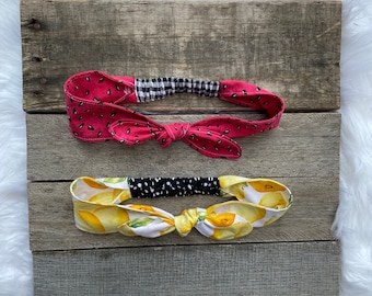 Rockabilly Summer Fruits Knotted Bow Headband Lemons or Watermelon