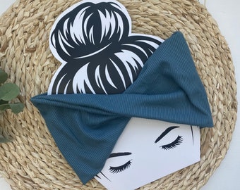 Denim Blue Rib Knit Stretchy Yoga Headwrap Headband Adult Extra Wide