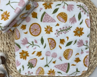 Fruity Floral 4 Cloth Napkins, 2 Ply Flannel Multipurpose Wipes, Unpaper Towel
