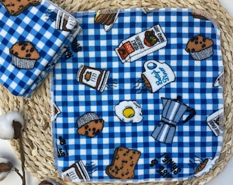 Breakfast Blue Plaid Diner 4 Cloth Napkins, 2 Ply Flannel Multipurpose Wipes, Unpaper Towel