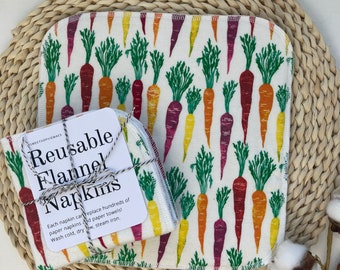 8 Cloth Napkins, 2 Ply Flannel Multipurpose Wipes, Jewel Tone Carrots, Unpaper Towel