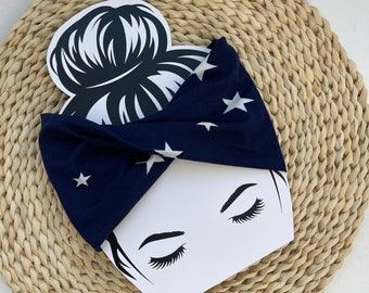 Navy Star Headband - Stretchy Yoga Headwrap Headband - Patriotic Adult Extra Wide