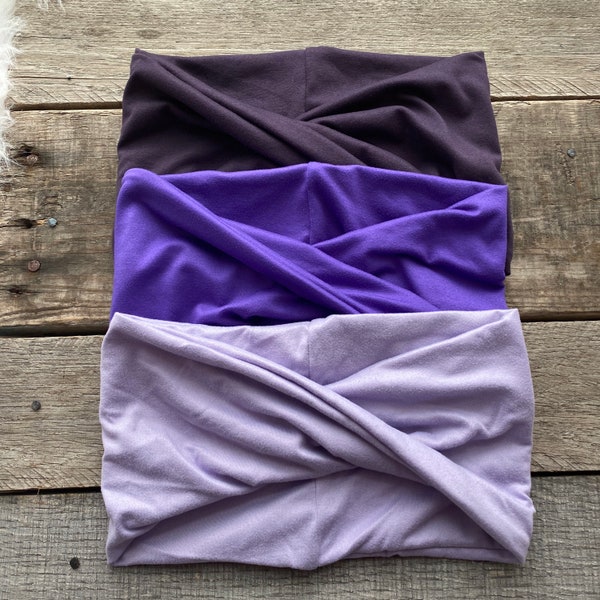 Solids Collection Purple Stretchy Yoga Headwrap Headband Extra Wide Adult Lilac, Grape or Aubergine