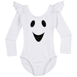 Girl's White Ghost Costume | Spooky Halloween Leotard | Short or Long Ruffle Sleeve Available image 4