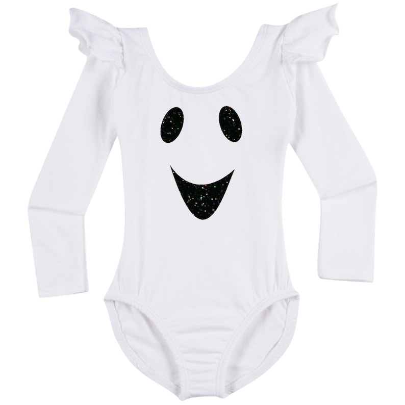 Girl's White Ghost Costume | Spooky Halloween Leotard | Short or Long Ruffle Sleeve Available image 4