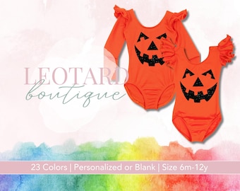 Girls Halloween Leotard Costume: Orange Jack O' Lantern, Glitter Face
