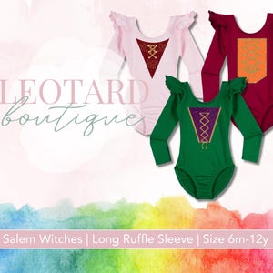 Inspired Sanderson Sisters Leotards available in Light Pink, Green, and Burgundy.