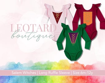 Puede incluir: Tres leotardos con mangas abullonadas largas en rosa, rojo y verde con un diseño dorado y morado en la parte delantera. Los leotardos son para niñas y están disponibles en tallas de 6 meses a 12 años. El texto "LEOTARD boutique" es visible en la parte superior de la imagen. El texto "Salem Witches | Long Ruffle Sleeve | Size 6m-12y" es visible en la parte inferior de la imagen.