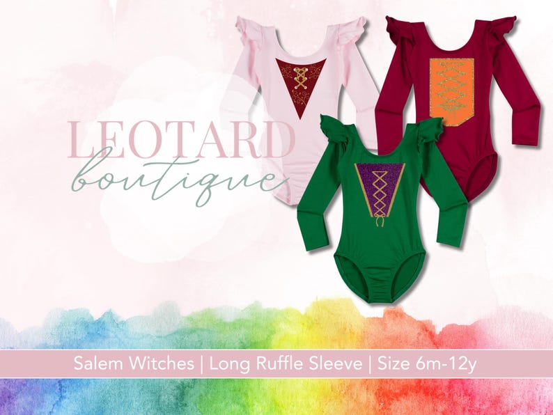 Inspired Sanderson Sisters Leotards available in Light Pink, Green, and Burgundy.