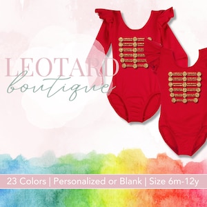 May include: Two red leotards with gold-colored embellishments, one with long sleeves and the other with short sleeves and ruffled shoulders. The text "LEOTARD boutique" is in the upper left corner. The bottom of the image has text that reads "23 Colors | Personalized or Blank | Size 6m-12y".