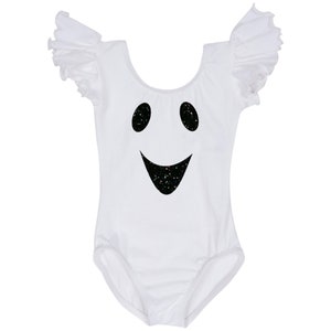 Girl's White Ghost Costume | Spooky Halloween Leotard | Short or Long Ruffle Sleeve Available image 3