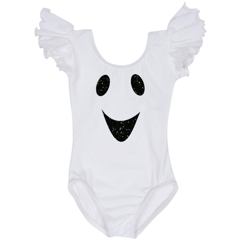 Girl's White Ghost Costume | Spooky Halloween Leotard | Short or Long Ruffle Sleeve Available image 3