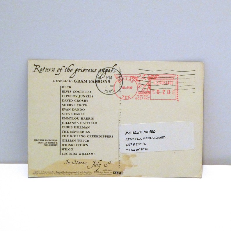Gram Parsons Tribute Postcard 1999 Vintage Return of the Grievous Angel Band Card Marijuana Leaf Drugs Nudie Western Suit Mohawk Music