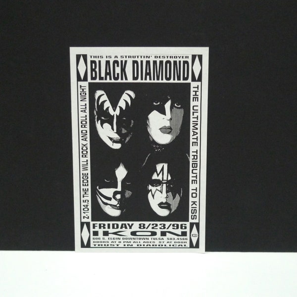 Black Diamond Flyer / Small Mini Poster 1996 Vintage Kiss Cover Band Concert Tour / Ikon Club Tulsa OK Gene Simmons Ace Frehley Mohawk Music