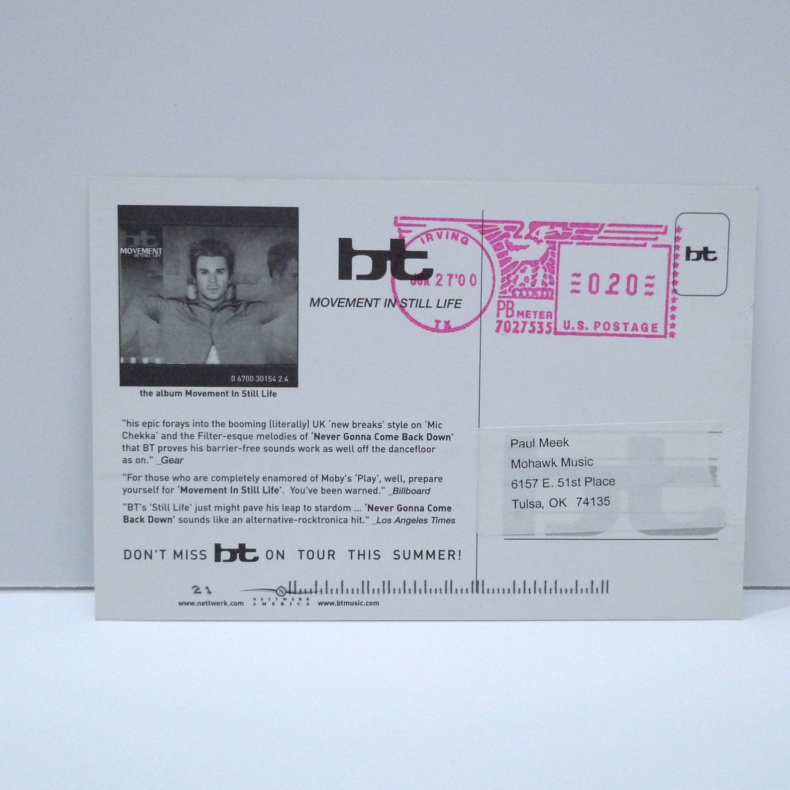 BT Postcard Movement In Still Life with Summer Tour Dates